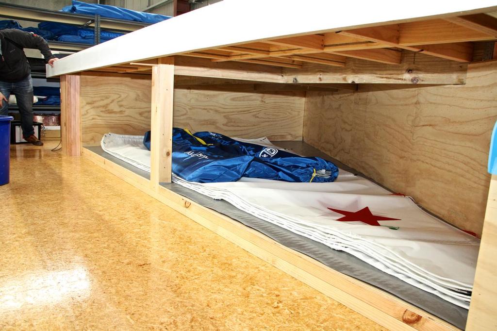 Starling sails stored underneath the loft floor/table - North Sails NZ Loft - July 20, 2016 © Richard Gladwell www.photosport.co.nz